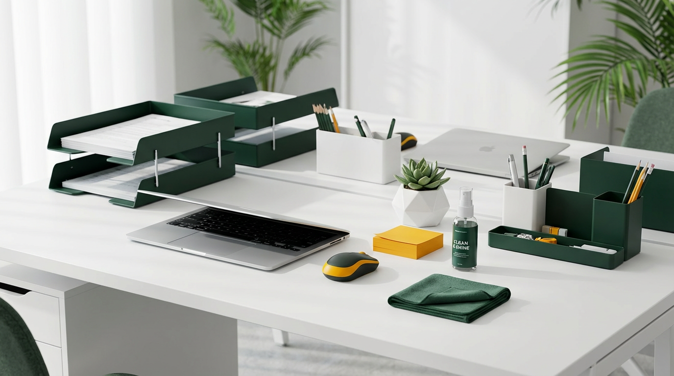 Professional workspace with laptop and organized desk